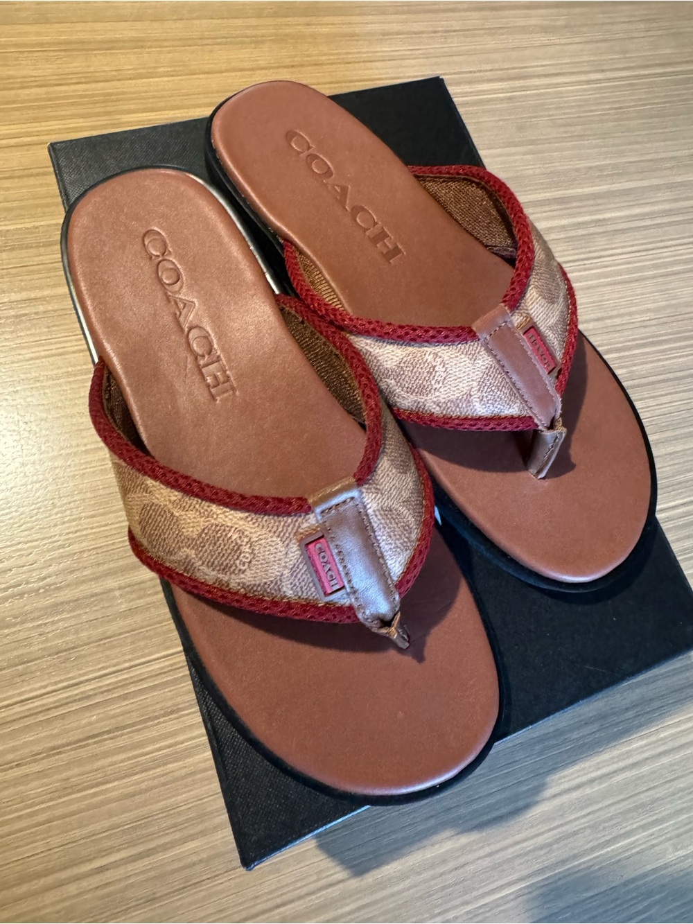 Coach Men’s Brown Canvas & Red Trim Flip-Flop Sandals